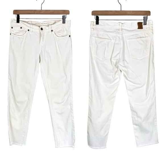 Raleigh Denim Workshop White Rigid Denim Frayed Cropped Low Rise Jeans - Picture 1 of 9